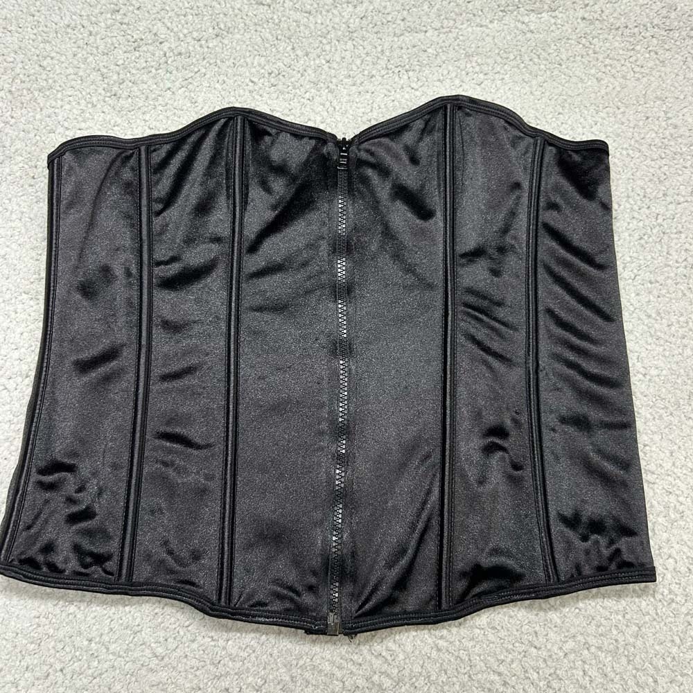 Seven Til Midnight Corset 4XL Black Satin Bustier Zip Front Boned Plus Size